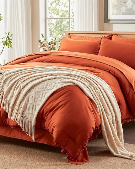 Anluoer King Comforter Set 7 Piece, Burnt Orange Bed in a Bag with Sheets, Pom Pom Boho Bedding Comforter Sets with 1 Comforter, 2 Pillow Shams, 2 Pillowcases, 1 Flat Sheet, 1 Fitted Sheet - LeafyLoom