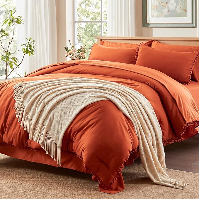 Anluoer King Comforter Set 7 Piece, Burnt Orange Bed in a Bag with Sheets, Pom Pom Boho Bedding Comforter Sets with 1 Comforter, 2 Pillow Shams, 2 Pillowcases, 1 Flat Sheet, 1 Fitted Sheet - LeafyLoom