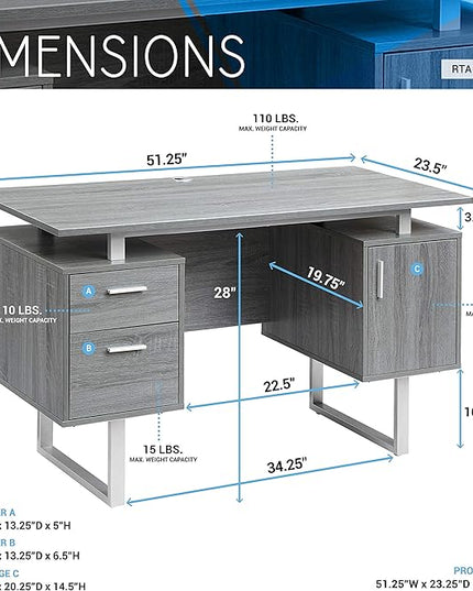 Techni Mobili Modern Office Desk with Storage, Gray - LeafyLoom
