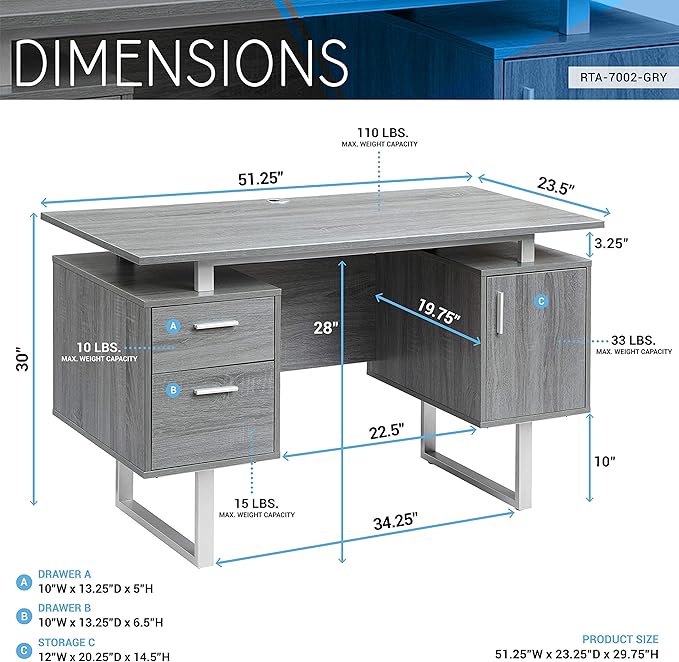 Techni Mobili Modern Office Desk with Storage, Gray - LeafyLoom