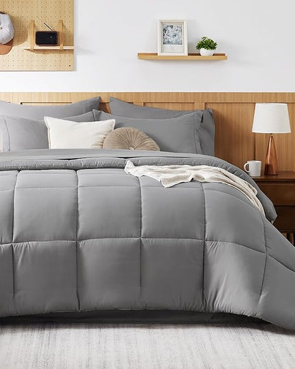 Bedsure Queen Bedding Comforter Set - 7 Pieces Solid Grey Bed in a Bag Queen, Bed Set Queen with Quilted Fluffy Comforters, Sheets, Pillowcases & Shams - LeafyLoom