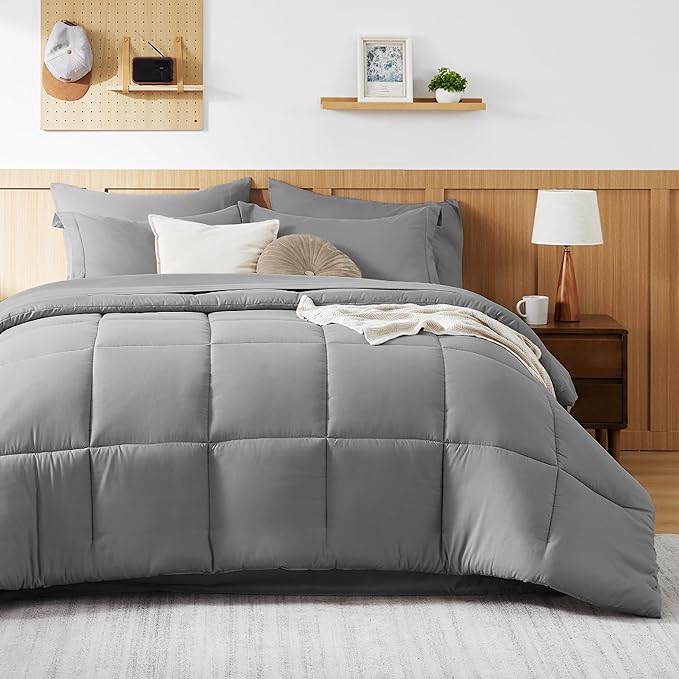 Bedsure Queen Bedding Comforter Set - 7 Pieces Solid Grey Bed in a Bag Queen, Bed Set Queen with Quilted Fluffy Comforters, Sheets, Pillowcases & Shams - LeafyLoom