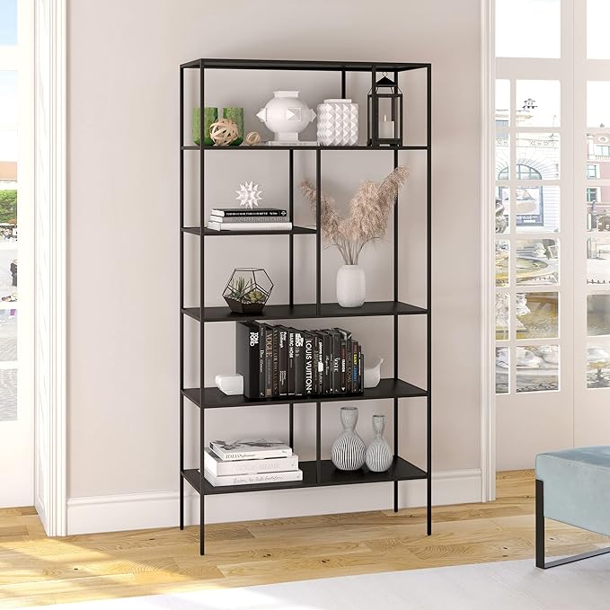Henn&Hart 72" Tall Rectangular Bookcase in Blackened Bronze, Table for Living Room, Bedroom - LeafyLoom