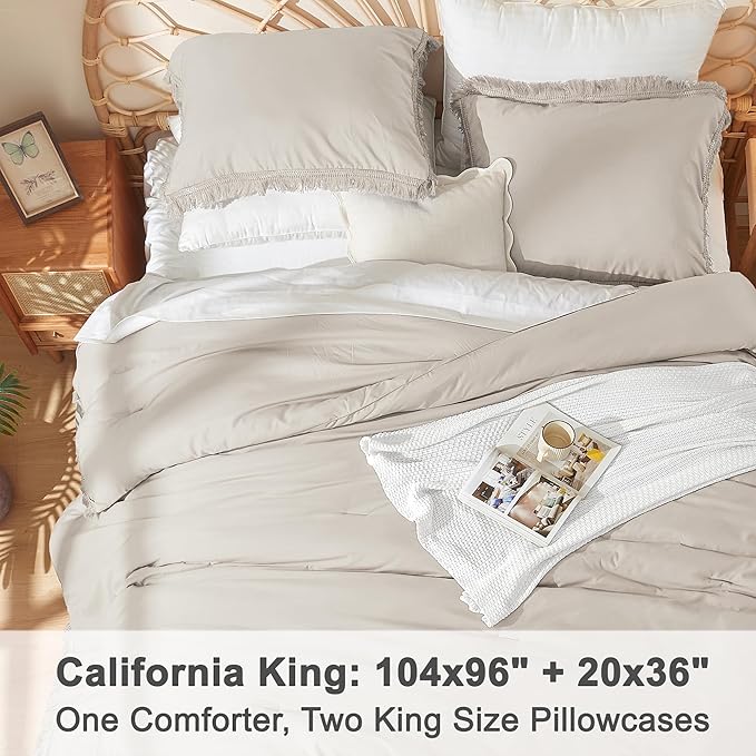 Litanika Linen Grey Cal King Size Comforter Set, Boho Tassel Comforter Aesthetic 3 Pieces, Lightweight Fringe Microfiber Bedding Set for All Season(1 Comforter 104x96 inch, 2 Pillowcases) - LeafyLoom