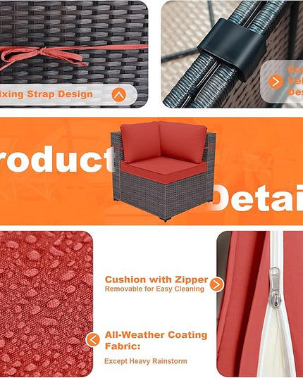 Patio Furniture Set with Fire Pit Table 13 PCS Outdoor Sectional Furniture Outdoor Rattan Patio Conversation Sets with 43in 55,000 BTU Propane Gas Fire Pit Table Glass Table, Red - LeafyLoom