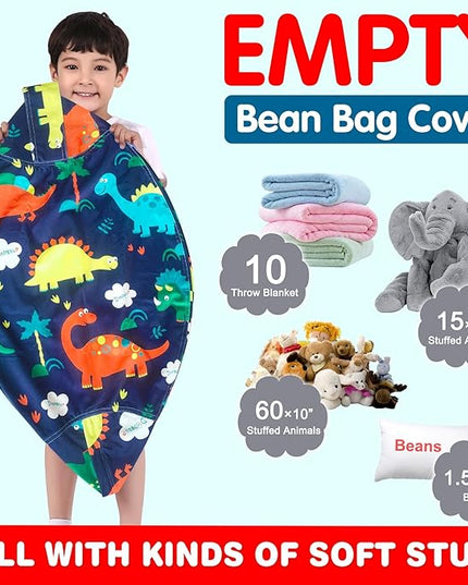 Lukeight Stuffed Animal Storage Bean Bag Chair Cover for Kids, Dinosaur Zipper Beanbag Chair Cover for Organizing Toddler & Kids' Rooms Plush Toys (Dinosaur Navy, Large) - LeafyLoom