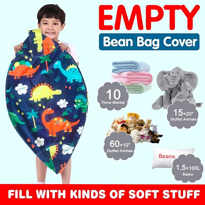 Lukeight Stuffed Animal Storage Bean Bag Chair Cover for Kids, Dinosaur Zipper Beanbag Chair Cover for Organizing Toddler & Kids' Rooms Plush Toys (Dinosaur Navy, Large) - LeafyLoom