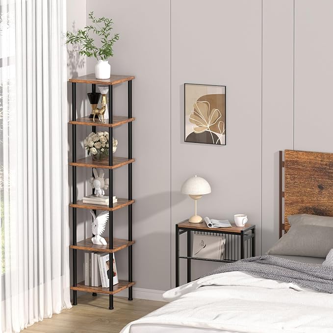 Corner Shelf, Corner Bookcase, Industrial 6-Tier Square Shelf Stand Display Rack,Wall Corner Bookshelf,Tall Shelf Plant Stand for Small Spaces, Living Room, Home Office, Kitchen - LeafyLoom