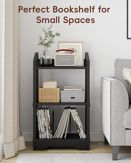 Vagusicc 3 Tier Bookshelf, Small Book Shelf Industrial Bookshelf, Wood Short Book Shelf Office Shelves with Metal Frame, Black Open Shelf Storage Organizer Bookcase for Living Room Bedroom, Black - LeafyLoom