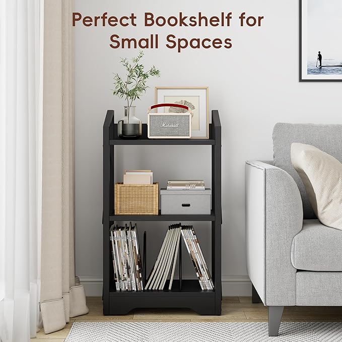 Vagusicc 3 Tier Bookshelf, Small Book Shelf Industrial Bookshelf, Wood Short Book Shelf Office Shelves with Metal Frame, Black Open Shelf Storage Organizer Bookcase for Living Room Bedroom, Black - LeafyLoom