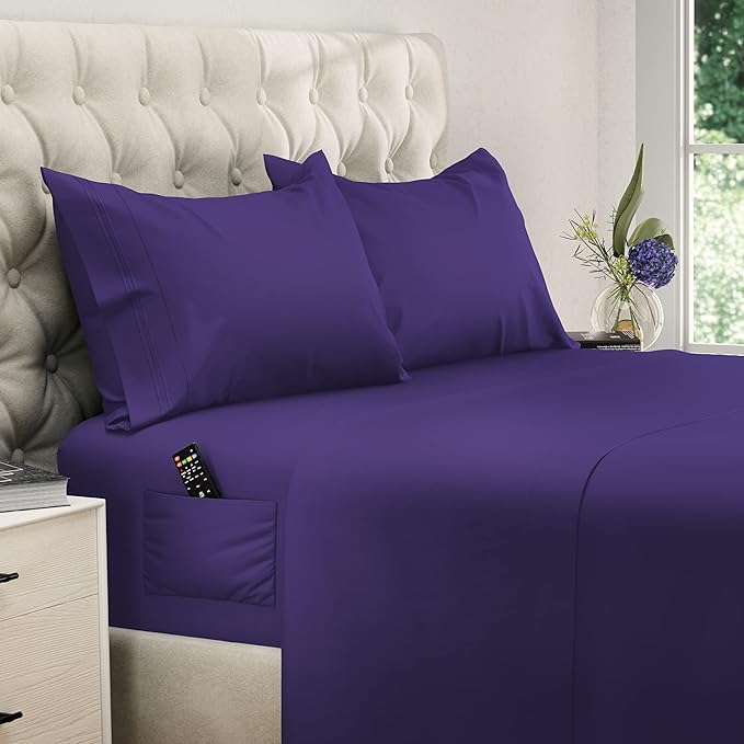 DREAMCARE Full Size Sheets - Cooling Bed Sheets - 4pcs Set - up to 15" Deep Pocket Full Sheet Set - Sheets Full Size Bed - Soft & Long Lasting 100% Fine Brushed Polyester with Side Pocket - Purple - LeafyLoom
