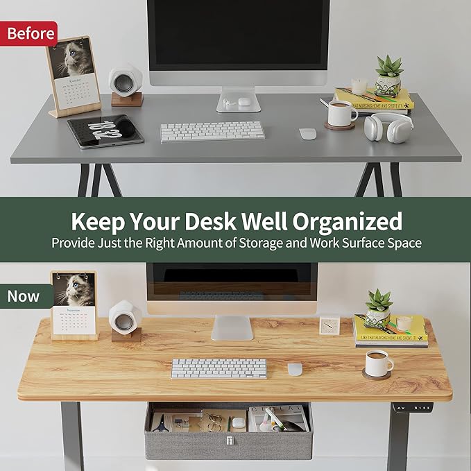 FEZIBO Standing Desk with Drawer, 55 x 24 Inches Adjustable Height Electric Stand up Desk with Storage, Sit Stand Home Office Desk, Light Rustic/Grey Frame - LeafyLoom
