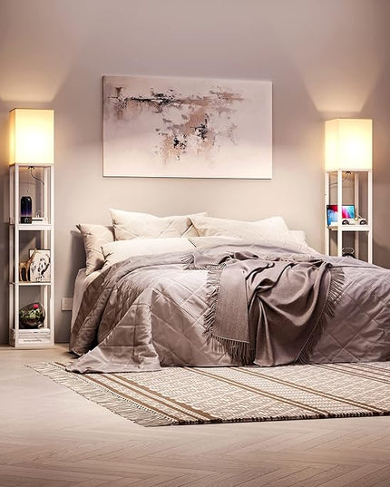 SUNMORY Dimmable Floor Lamp with Shelves,Modern Solid Wood Standing Lamp with 1 Drawer and 2 USB Ports & 2 Power Outlet,Corner Tall Bookshelf Lamp for Living Room and Bedroom(White) - LeafyLoom