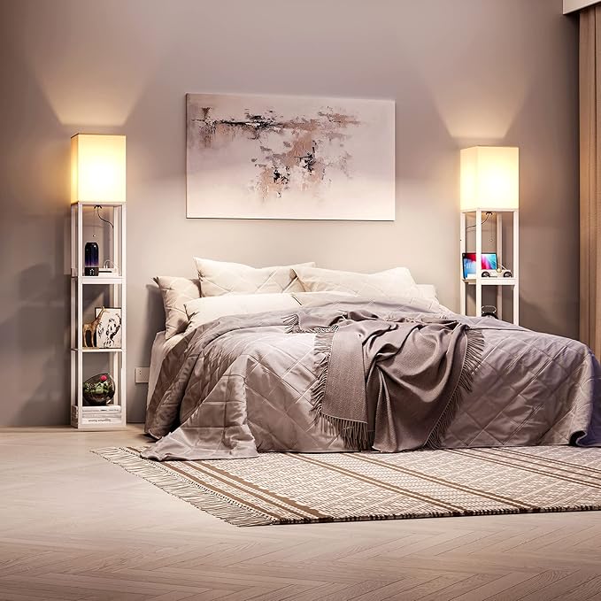 SUNMORY Dimmable Floor Lamp with Shelves,Modern Solid Wood Standing Lamp with 1 Drawer and 2 USB Ports & 2 Power Outlet,Corner Tall Bookshelf Lamp for Living Room and Bedroom(White) - LeafyLoom