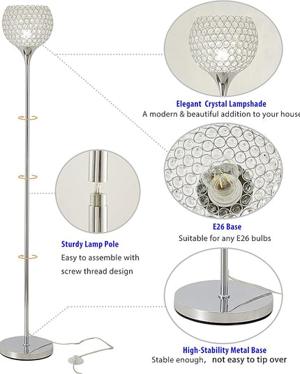 Spherical Crystal Floor Lamp, Silver 8.7 in Shade Elegant Standing Light with Crystal Lamp Shade for Living Room, Bedroom, Office, Modern Chrome 61 in Tall Pole Lighting, E26 Base, LED Bulb Included - LeafyLoom