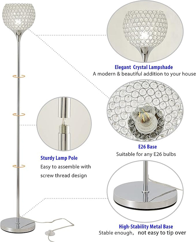 Spherical Crystal Floor Lamp, Silver 8.7 in Shade Elegant Standing Light with Crystal Lamp Shade for Living Room, Bedroom, Office, Modern Chrome 61 in Tall Pole Lighting, E26 Base, LED Bulb Included - LeafyLoom