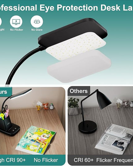 Cotanic LED Desk Lamps for Home Office with Wireless Charger, Stepless Dimmable, 3 Color Modes, Black Study Lamp for College Dorm Room, Touch Control, Pen Holder, CRI 90, 800 Lumen, Adapter Included - LeafyLoom