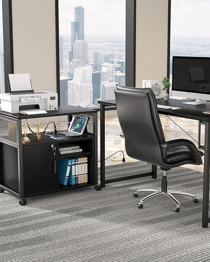 Unikito Lateral File Cabinet, Locking Office Filing Cabinets with Socket and USB Charging Port, Modern Rolling Printer Stand with Storage for A4, Letter Size and File Folders, Black - LeafyLoom