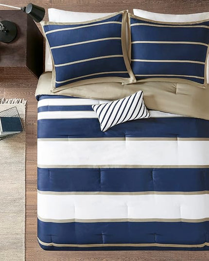 Mi Zone Ashton Casual Comforter Set, Vibrant Colorblock Design, Modern Bedding Geometric Stripes All Season Cover, Matching Shams, Decorative Pillow, King/Cal King, Khaki/Navy, 4 Piece - LeafyLoom
