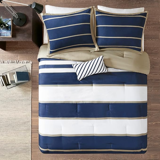 Mi Zone Ashton Casual Comforter Set, Vibrant Colorblock Design, Modern Bedding Geometric Stripes All Season Cover, Matching Shams, Decorative Pillow, King/Cal King, Khaki/Navy, 4 Piece - LeafyLoom