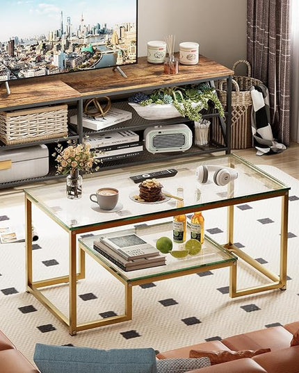 Coffee Table Gold Glass Coffee Table for Living Room,2 Tiers Rectangle Center Table with Sturdy Metal Frame,Modern Tempered Glass Accent Table for Bedroom Home Office - LeafyLoom
