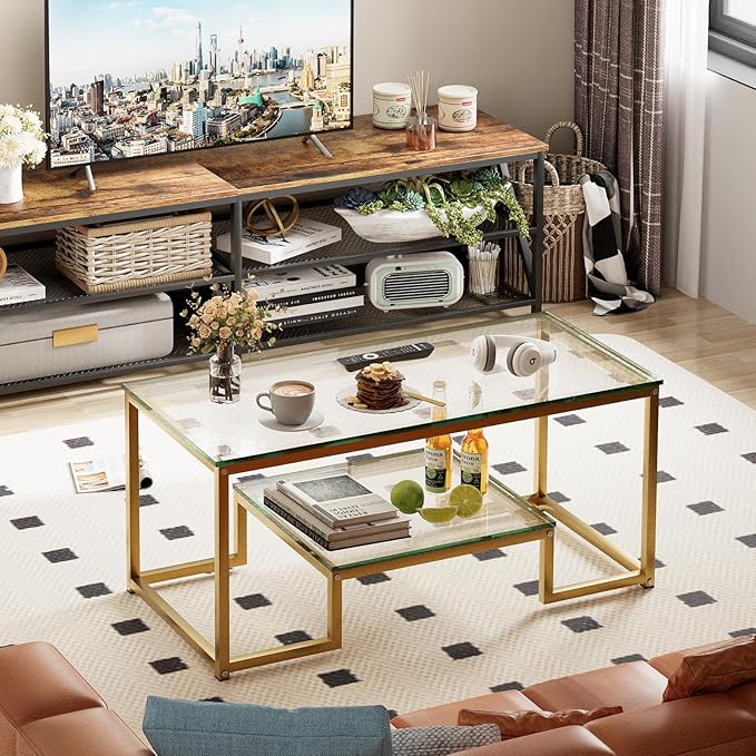 Coffee Table Gold Glass Coffee Table for Living Room,2 Tiers Rectangle Center Table with Sturdy Metal Frame,Modern Tempered Glass Accent Table for Bedroom Home Office - LeafyLoom