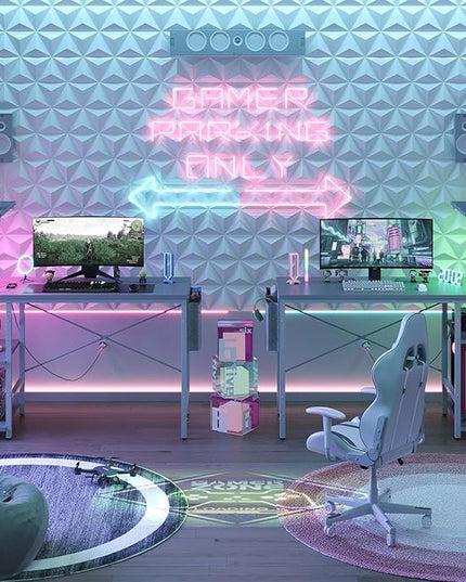 Bestier Gaming Desk with Power Outlets, 44 Inch Led Gamer Desk with 4 Tiers Reversible Shelves, PC Gaming Table with Headset Hook & Side Storage Bag for Bedroom (Grey 3D Carbon Fiber) - LeafyLoom