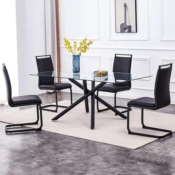 Modern Dining Chairs Set of 4,High Back Kitchen Chairs,Side Room Chair with Black Powder Coating Metal Legs,Easy to Clean Upholstered Dining Chairs,Ideal for Living Room(Black Chairs) - LeafyLoom