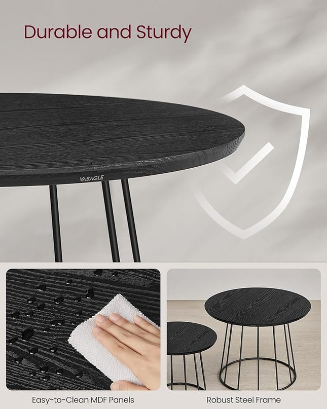VASAGLE Round Coffee Tables, Set of 2, Modern Circle Side Tables with Steel Frame, for Living Room, Bedroom, Ebony Black ULCT045B56 - LeafyLoom