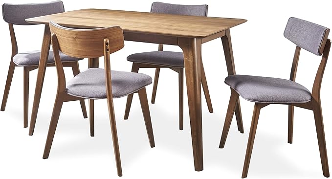 Christopher Knight Home Megann Mid-Century Wood Dining Set with Fabric Chairs, 5-Pcs Set, Natural Walnut / Dark Grey - LeafyLoom