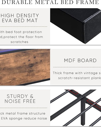 LED Bed Frame Full Size with LED Lights, USB Ports & Outlets, Full Bed Frame with Storage Headboard, Two Drawers, Industrial Style Platform Bed with Wooden Headboard, Metal Slats Supports - LeafyLoom