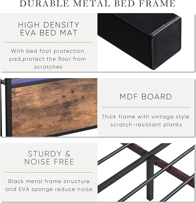 LED Bed Frame Full Size with LED Lights, USB Ports & Outlets, Full Bed Frame with Storage Headboard, Two Drawers, Industrial Style Platform Bed with Wooden Headboard, Metal Slats Supports - LeafyLoom