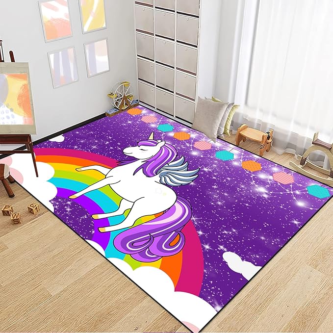 Unicorn Rugs for Girls Bedroom Unicorn Area Rugs for Girls Bedroom Rainbow Carpet Kids Unicorn Rugs for Bedroom Girls Living Room Floor Mat, Purple, 3'×4' - LeafyLoom