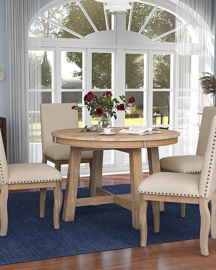 RITSU 5 Piece Farmhouse Round Retractable Table Set with 4 Upholstered Dining Chairs, Copper Ingot Trim, MDF and Smooth Material for Living Room, Apartment, Natural Wood Wash, 58inch - LeafyLoom