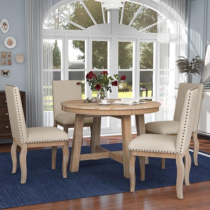 RITSU 5 Piece Farmhouse Round Retractable Table Set with 4 Upholstered Dining Chairs, Copper Ingot Trim, MDF and Smooth Material for Living Room, Apartment, Natural Wood Wash, 58inch - LeafyLoom