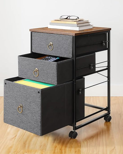HOOBRO 3-Drawer Mobile File Cabinet, Vertical Filing Cabinet, Office Cabinet, Filing Cabinet for Home Office, Rolling Printer Stand, A4/Letter-Sized, Nonwovens Drawer, Rustic Brown and Gray BFG30WJ01 - LeafyLoom