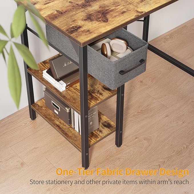 CubiCubi Computer Desk, 35 Inch Small Home Office Desk with Drawer Storage Shelves for Small Space, Writing Study Desk, Rustic Brown - LeafyLoom