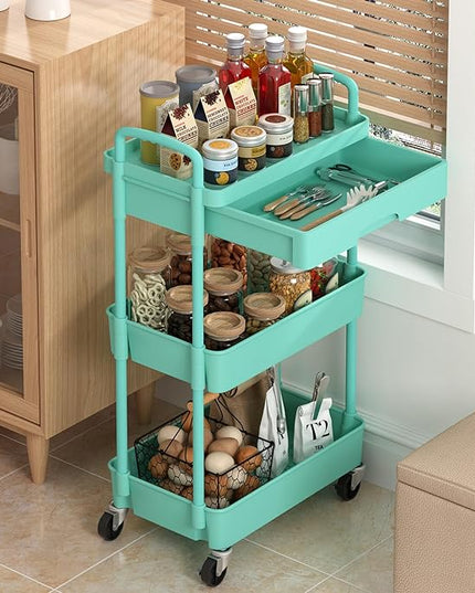 3-Tier Rolling Cart，Trolley with Drawer, Kitchen Storage Organizer with Plastic Shelf & Metal Wheels, Storage Cart for Living Room, Kitchen, Office, Bathroom, Green - LeafyLoom