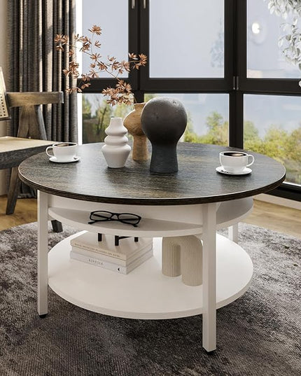 FABATO Round Lift Top Coffee Table with Storage and Hidden Compartment, 26.77'' Farmhouse Coffee Table for Living Room Reception Room, 2 Tier Small Round Coffee Table Circle Dining Table, White - LeafyLoom