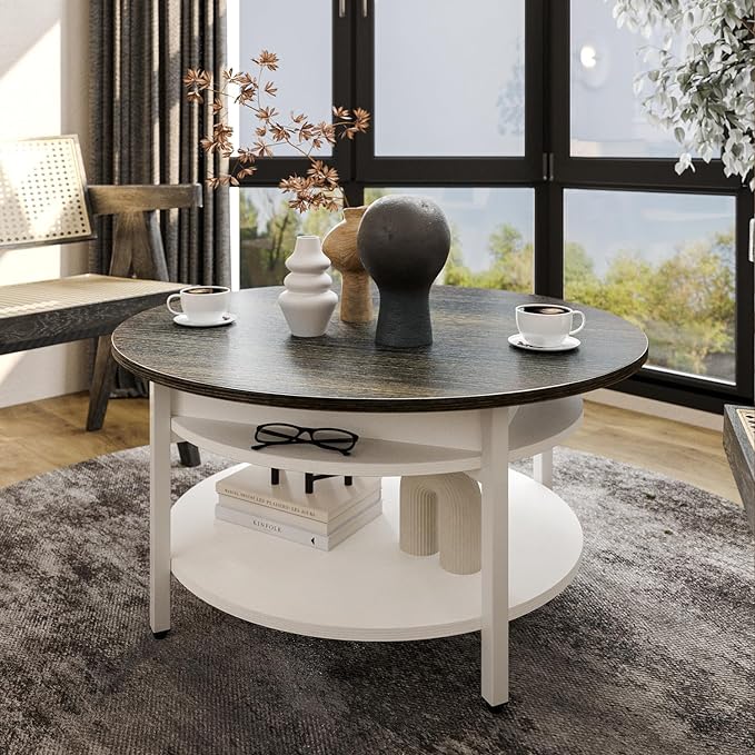 FABATO Round Lift Top Coffee Table with Storage and Hidden Compartment, 26.77'' Farmhouse Coffee Table for Living Room Reception Room, 2 Tier Small Round Coffee Table Circle Dining Table, White - LeafyLoom