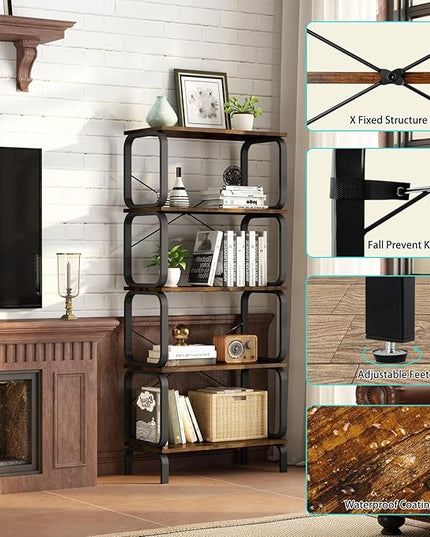 zbet 5 Tier Bookshelf, Modern Sturdy Bookcase,Industrial Metal and Wood Shelf, Tall Free Standing Book Shelf for Living Room, Bedroom, Kitchen and Home Office(Rustic Brown) - LeafyLoom