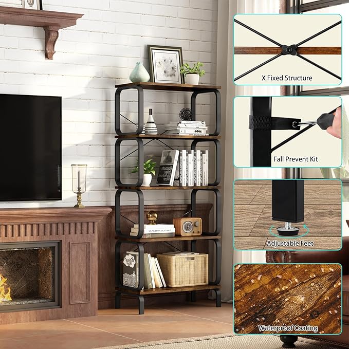 zbet 5 Tier Bookshelf, Modern Sturdy Bookcase,Industrial Metal and Wood Shelf, Tall Free Standing Book Shelf for Living Room, Bedroom, Kitchen and Home Office(Rustic Brown) - LeafyLoom