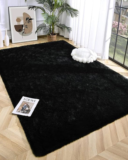 Super Soft Fluffy Shaggy Rugs 6x9 Feet for Living Room Bedroom, Fuzzy Plush Area Rugs for Girls Kids Room Nursery Home Decor, Furry Dorm Rug Cute Non-Slip Indoor Floor Carpet, Black - LeafyLoom