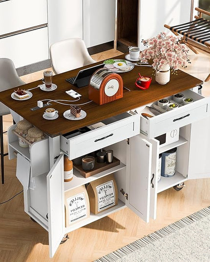 53.5'' Farmhouse Kitchen Cart with Power Outlet & Drop Leaf, Portable Mobile Table w/Spice, Towel Rack and Drawers, Rolling Islands on Wheels, for Home, Dining Room, 53.5 Inch, White 14 - LeafyLoom