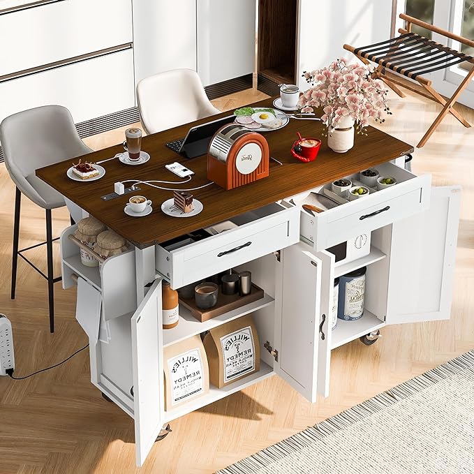 53.5'' Farmhouse Kitchen Cart with Power Outlet & Drop Leaf, Portable Mobile Table w/Spice, Towel Rack and Drawers, Rolling Islands on Wheels, for Home, Dining Room, 53.5 Inch, White 14 - LeafyLoom