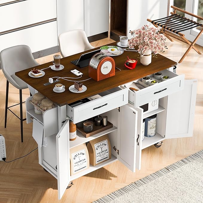 53.5'' Farmhouse Kitchen Island with Power Outlet, Kitchen Storage Island with Drop Leaf, Spice Rack and Drawer, Rolling Kitchen Cart on Wheels for Home, Kitchen and Dining Room, White - LeafyLoom