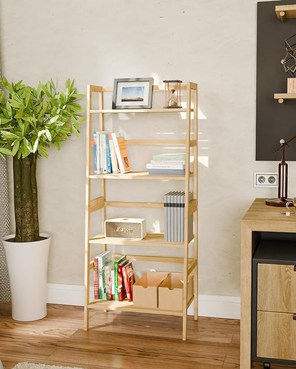 Ladder Shelf, 4-Tier Bookshelf, Bamboo Leaning Bookcase, Display Storage Rack Organizer, Freestanding Flower Plant Stand for Living Room, Home Office, Kitchen, Natural - LeafyLoom