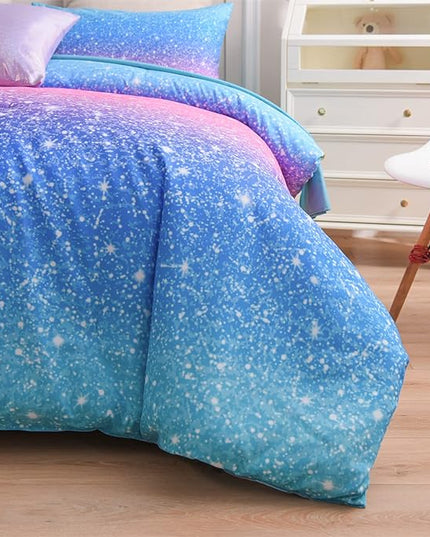 A Nice Night 6Pcs Gradient Glitter Bedding Set for Girls Full Size, Colorful Rainbow Galaxy Comforter Set, Ultra Soft Bedding Sets, Blue - LeafyLoom