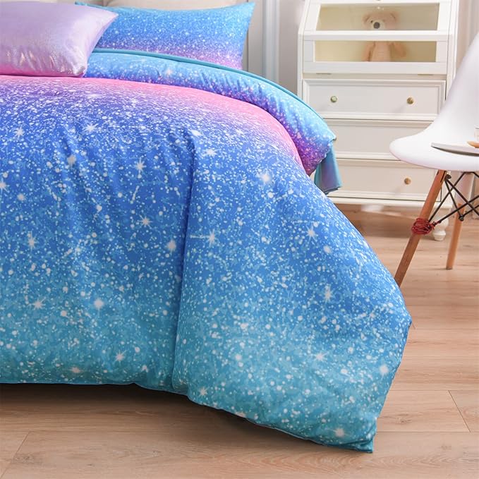 A Nice Night 6Pcs Gradient Glitter Bedding Set for Girls Twin Size, Colorful Rainbow Galaxy Comforter Set, Ultra Soft Bedding Sets, Blue - LeafyLoom