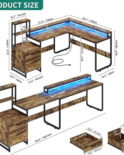 YITAHOME L Shaped Desk with Power Outlets & LED Lights, Reversible Computer Desk with Drawers & Hutch, Corner Desk Office Desk with Monitor Stand, Printer Stand, 2 Person Desk, Rustic Brown - LeafyLoom